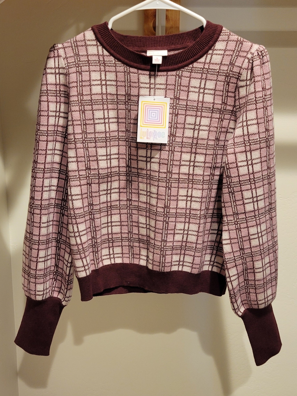 LuLaRoe Pink Plaid Crewneck Sweater with Burgundy Trim